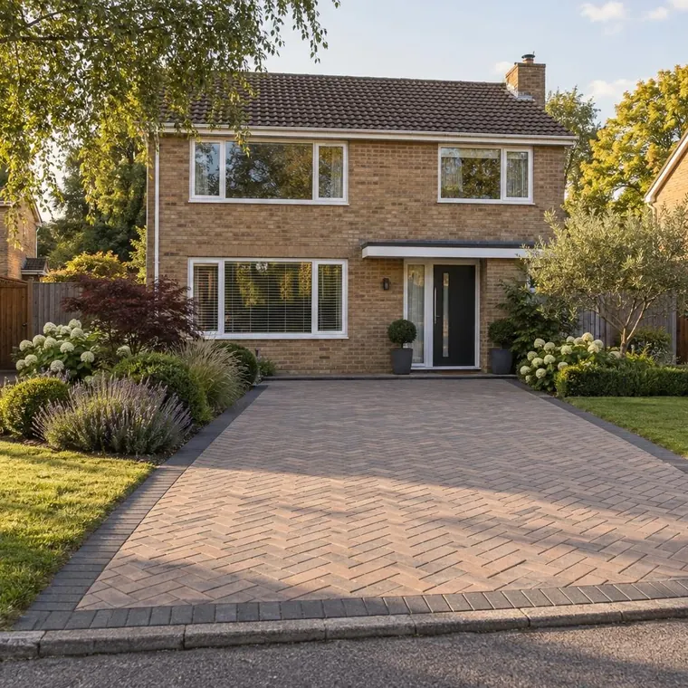 Block paving driveway on a 1970s–80s Milton Keynes estate house
