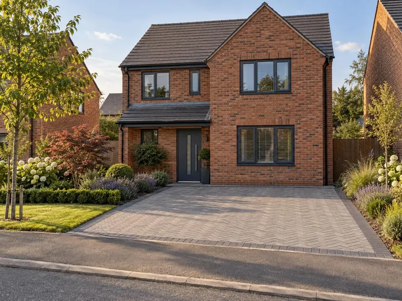 Block paving driveway on a new-build red-brick home, typical of Cranfield