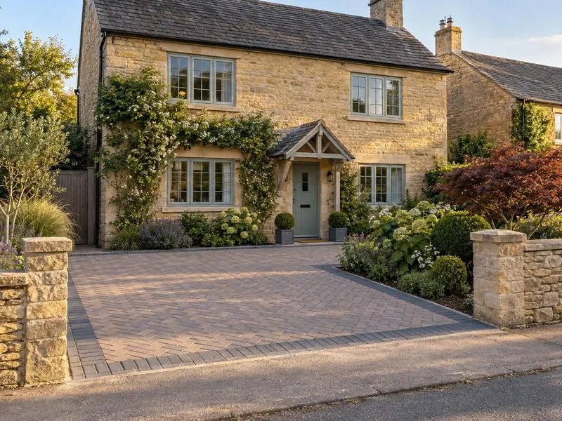 Block paving driveway on a limestone cottage, typical of Olney