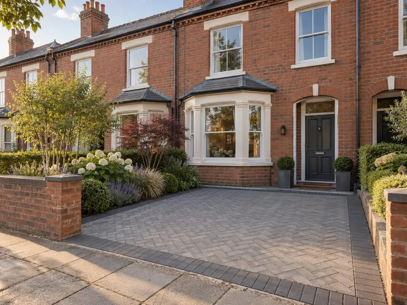 Block paving driveway on a Victorian terraced house, typical of Wolverton