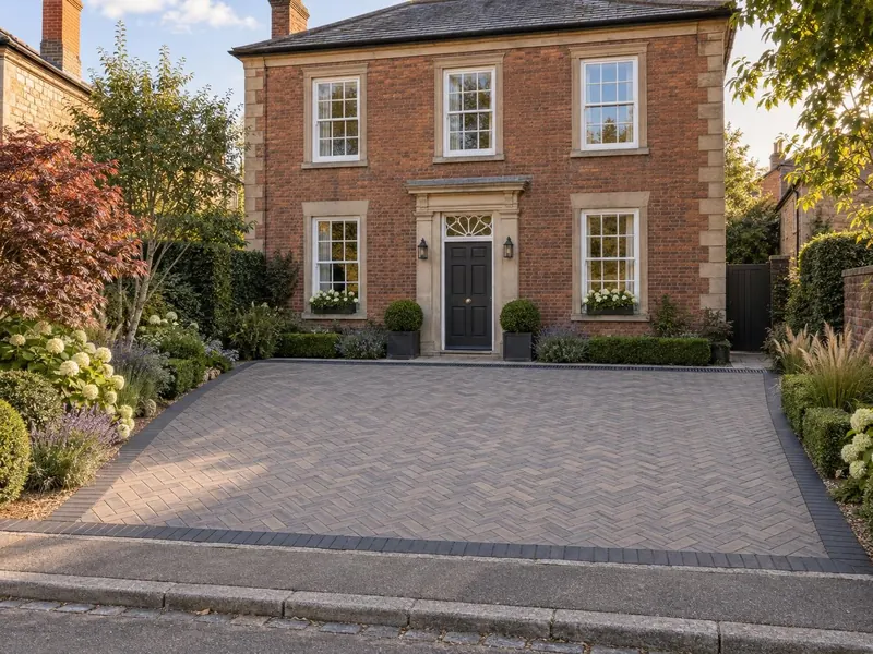 Block paving driveway on a Georgian brick and stone house, typical of Ampthill