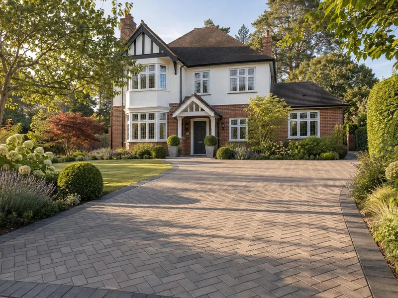 Block paving driveway on a larger detached house, typical of Bow Brickhill