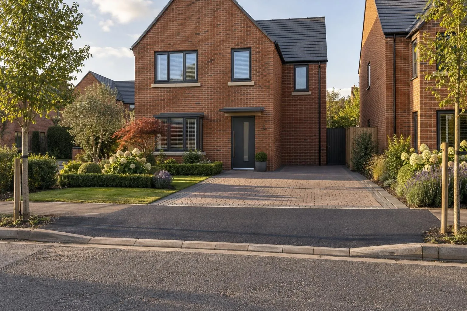 Dropped kerb – new-build red-brick home Dropped kerb on a new-build red-brick home, typical of Cranfield