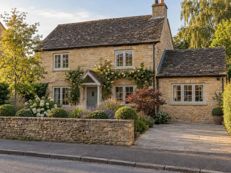 Garage conversion on a limestone cottage, typical of Olney