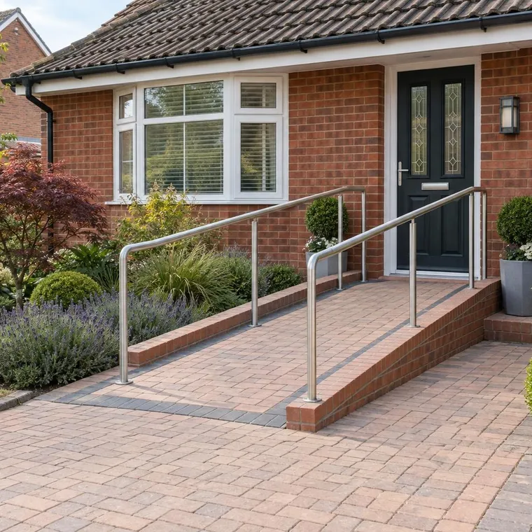 A gentle access ramp with handrails and level landing to the front door of a red brick bungalow, block paving