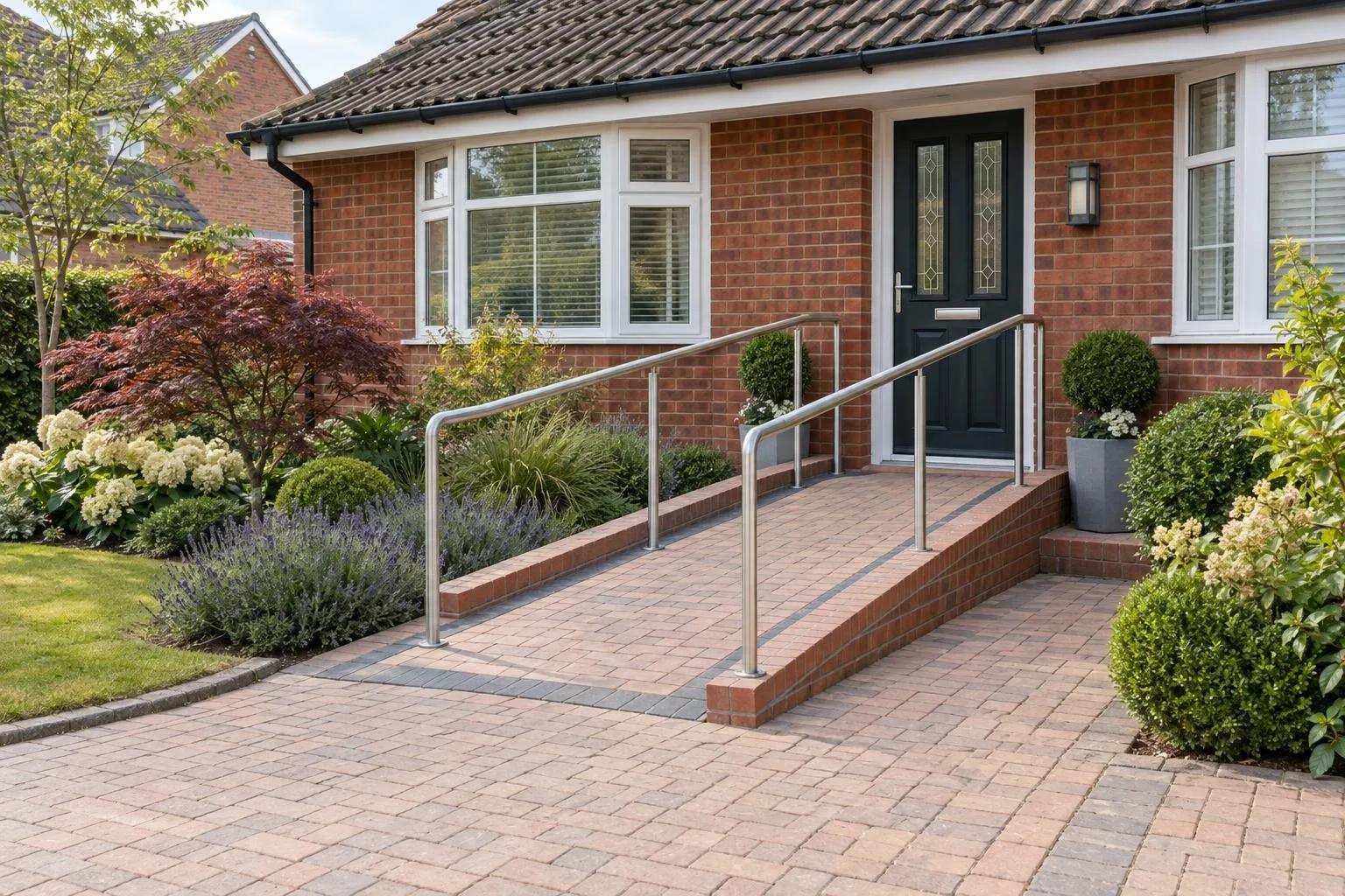 A gentle access ramp with handrails and level landing to the front door of a red brick bungalow, block paving