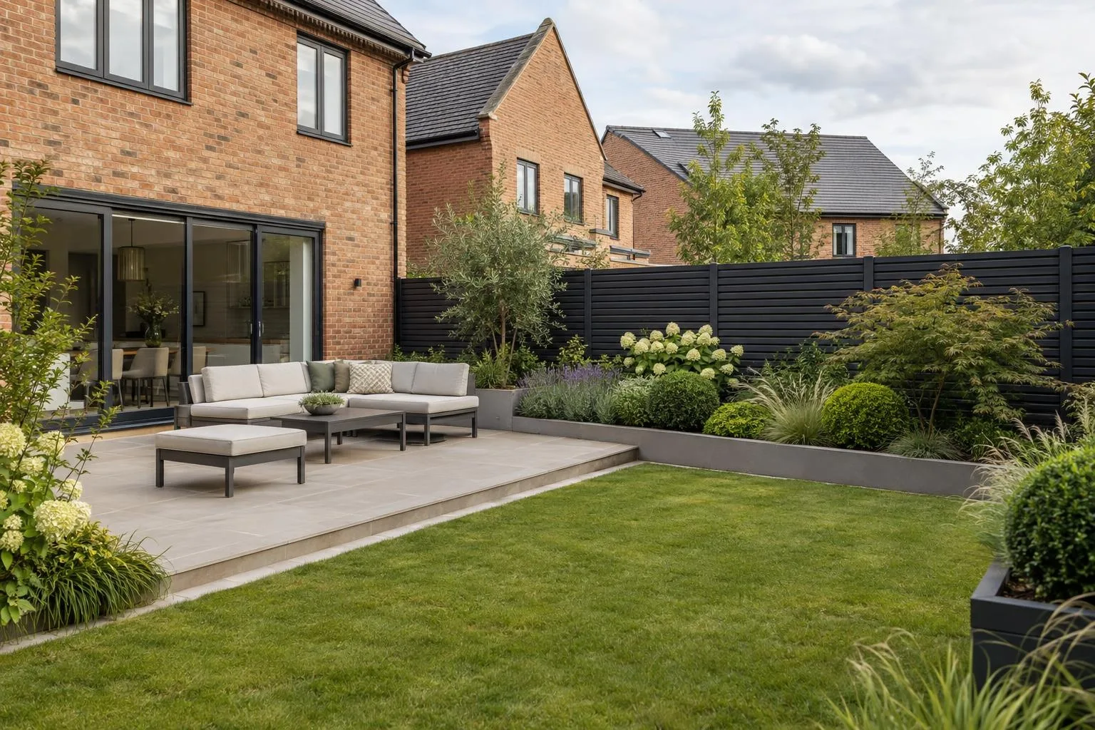 Anthracite aluminium horizontal slatted fence screening a porcelain patio in a modern brick house garden Anthracite aluminium horizontal slatted fence screening a porcelain patio in a modern brick house garden