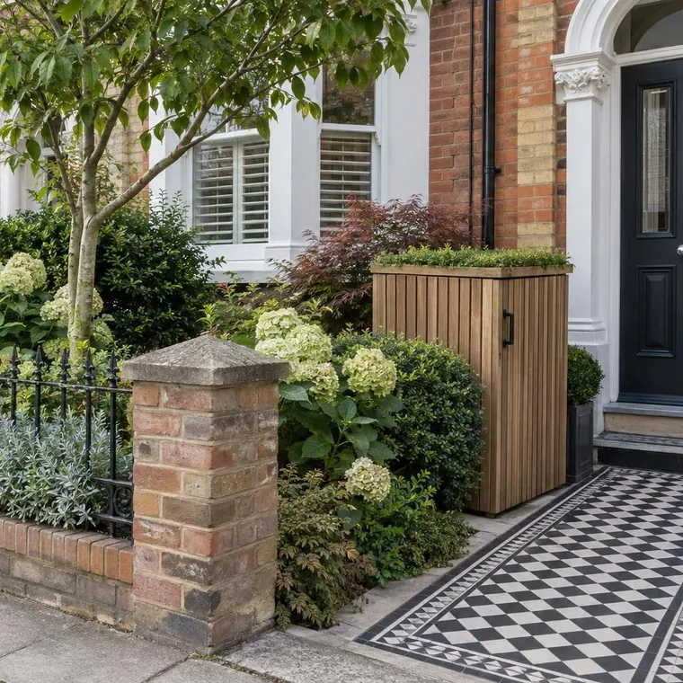 A slim timber-clad wheelie bin store in the small front garden of a Victorian red brick terrace, tiled path
