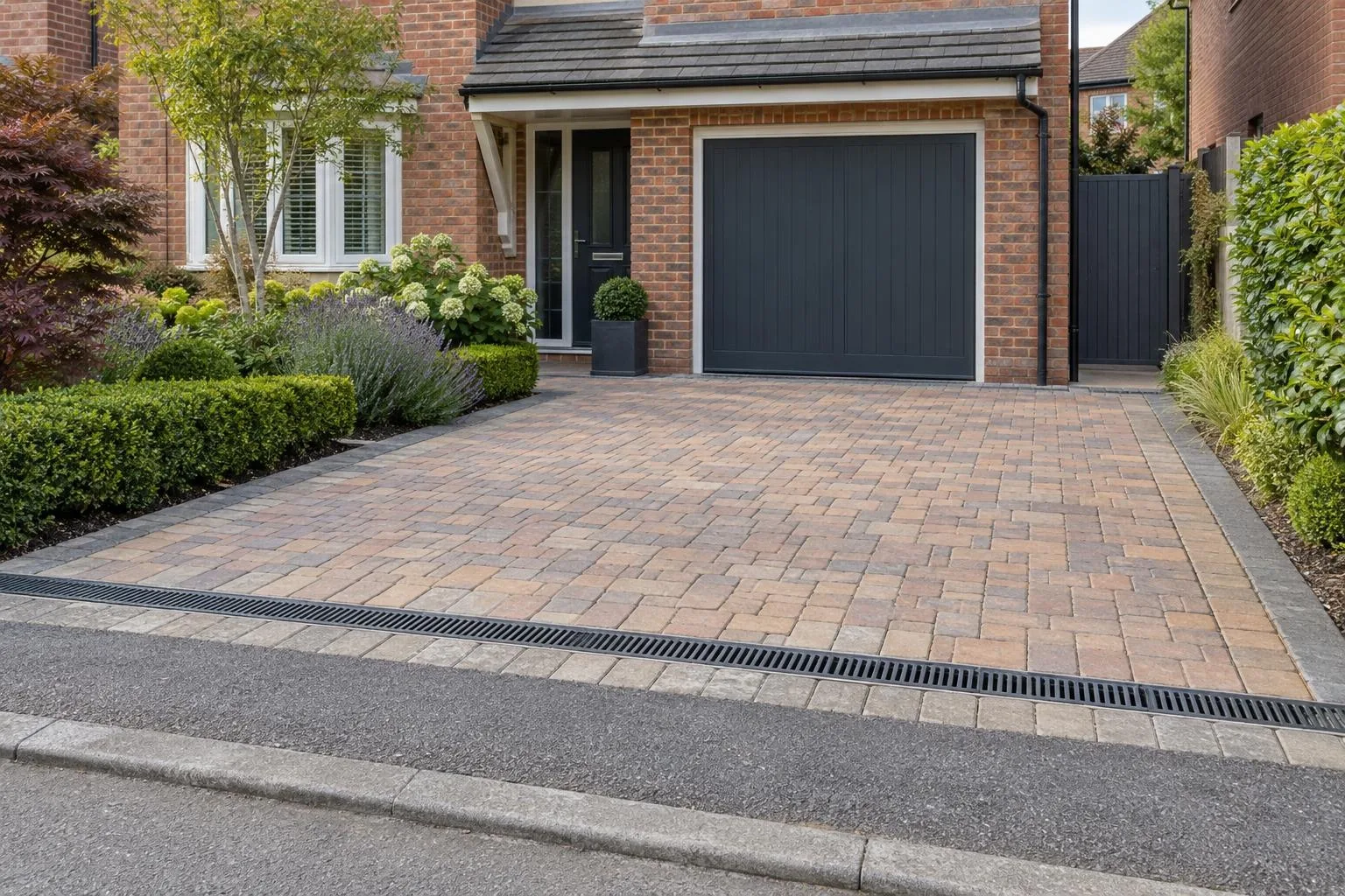 A heavy-duty channel drain across the bottom of a block paved driveway at the pavement edge, brick house garage