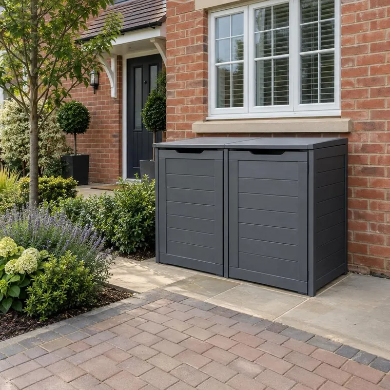 A grey composite two-bin store on a paved pad beside a block paved drive of a new-build brick house