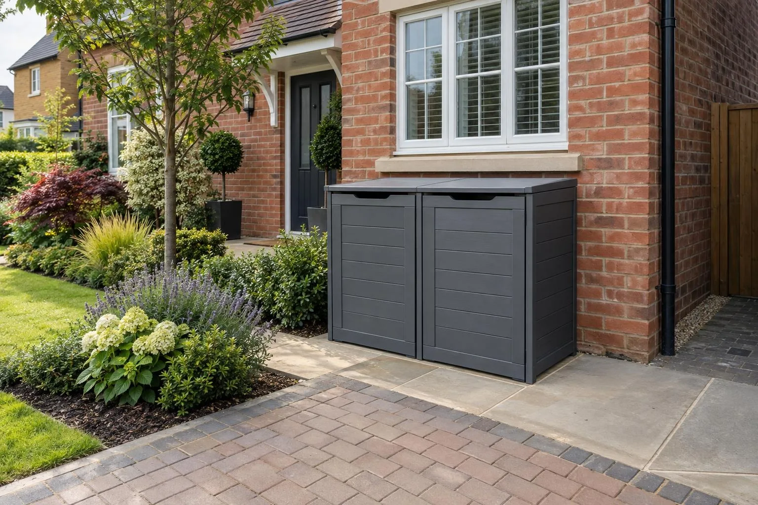 Composite bin store in a rear yard behind a pavement-fronted Georgian house in Ampthill Composite bin store in a rear yard behind a pavement-fronted Georgian house in Ampthill