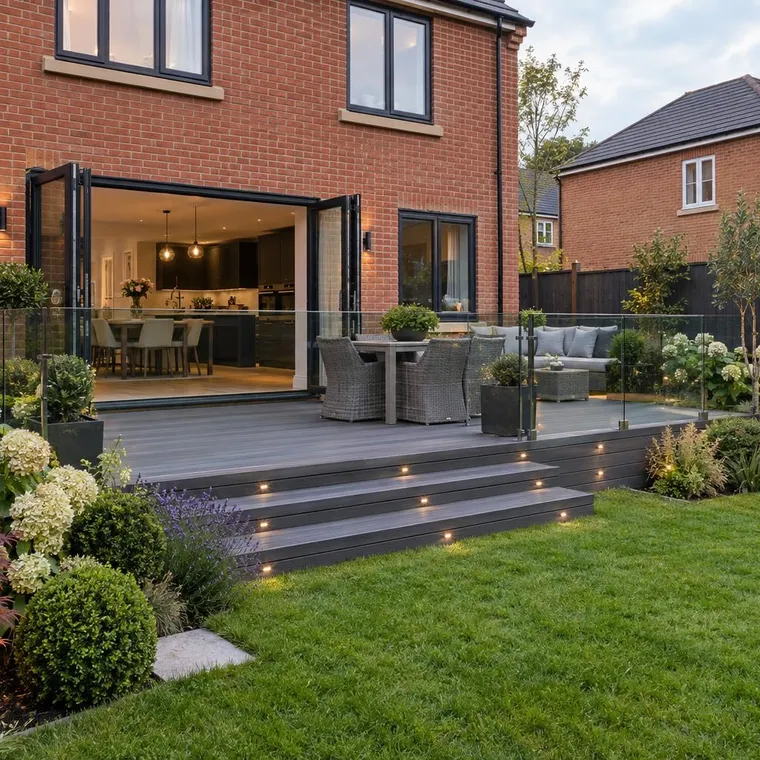 A charcoal composite deck with LED step lights and glass balustrade off bifold doors of a modern red brick house, lawn beyond