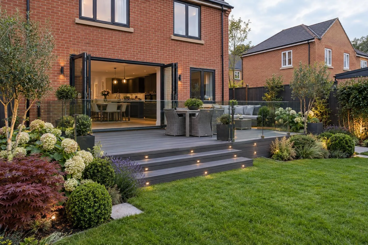A charcoal composite deck with LED step lights and glass balustrade off bifold doors of a modern red brick house, lawn beyond A charcoal composite deck with LED step lights and glass balustrade off bifold doors of a modern red brick house, lawn beyond