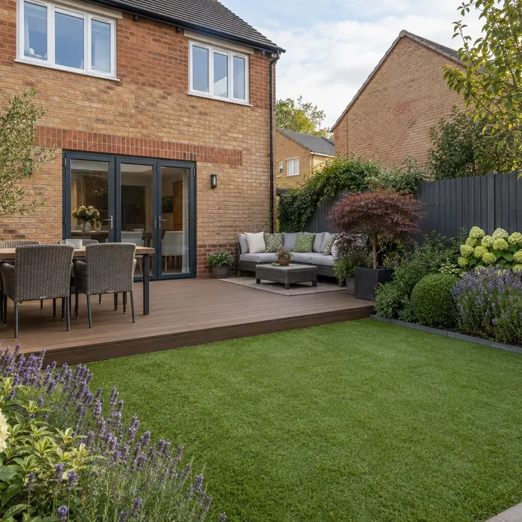 A low composite deck in warm brown next to an artificial lawn in a compact garden of a brick semi-detached house, fence screening