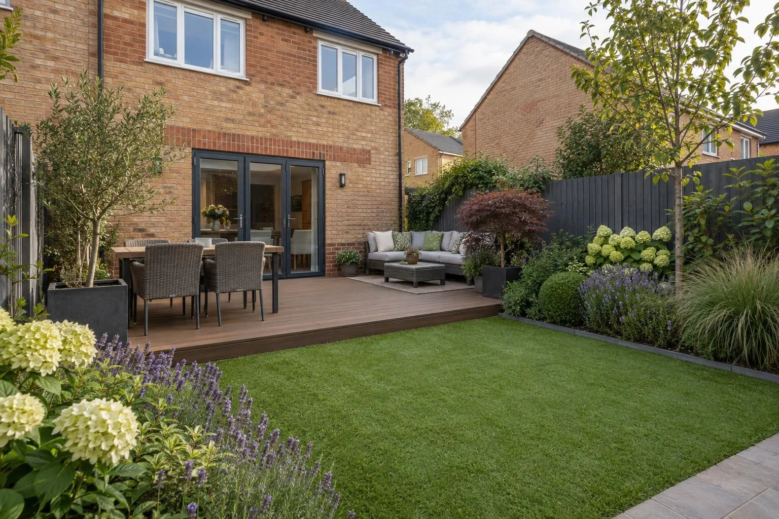 Grey composite deck behind a modern estate house on level ground in Cranfield