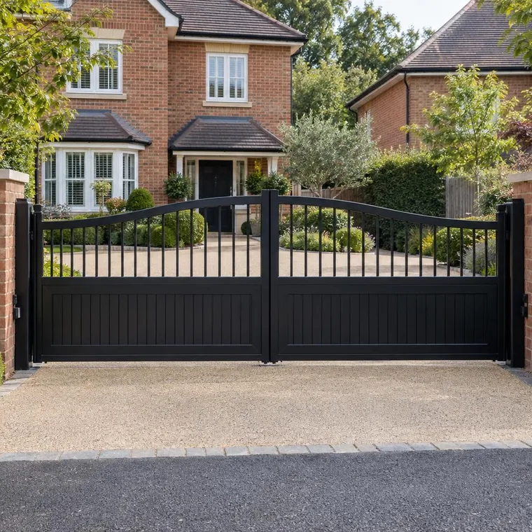 Black electric swing gates between red brick piers at the driveway of a detached house, resin drive