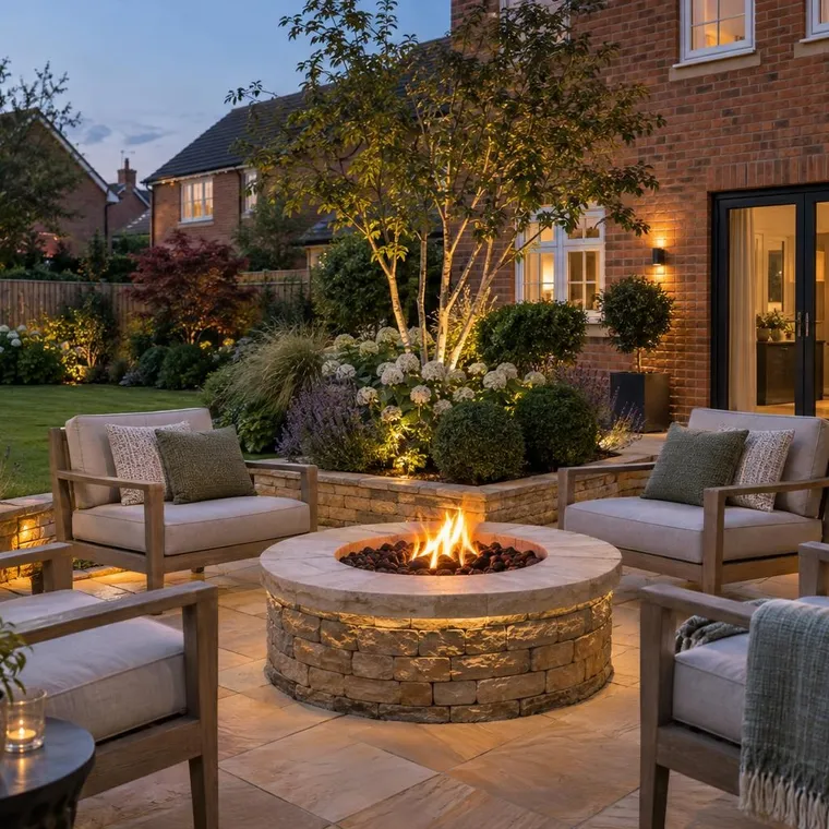A round stone fire pit on a sandstone patio with outdoor chairs, lawn and brick house behind, dusk