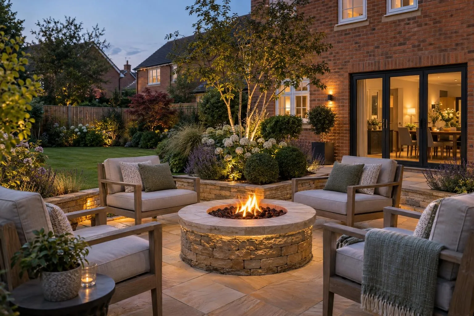 Brick built-in fire pit with stone-faced benches around it on a garden patio at dusk Brick built-in fire pit with stone-faced benches around it on a garden patio at dusk