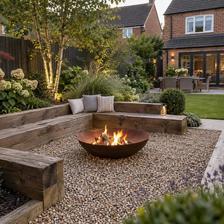 Fire pit surrounded by sleeper bench seating on gravel in a family garden of a brick semi-detached house