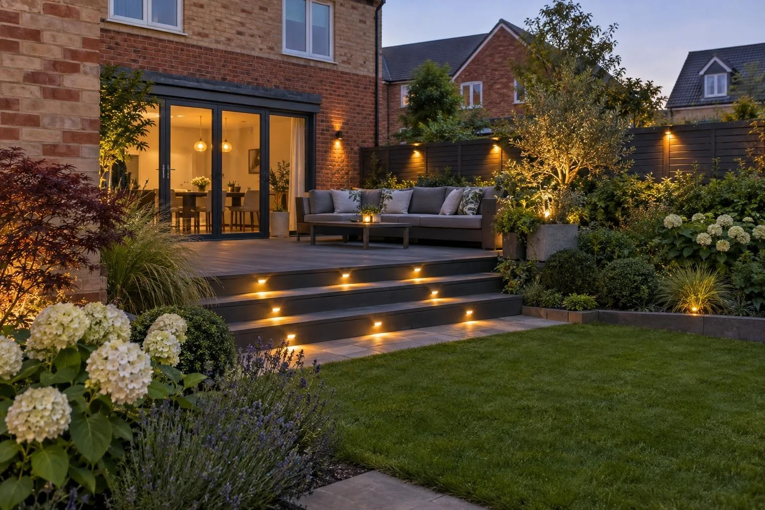 Ironstone-walled rear yard behind a Towcester town house lit warmly at night