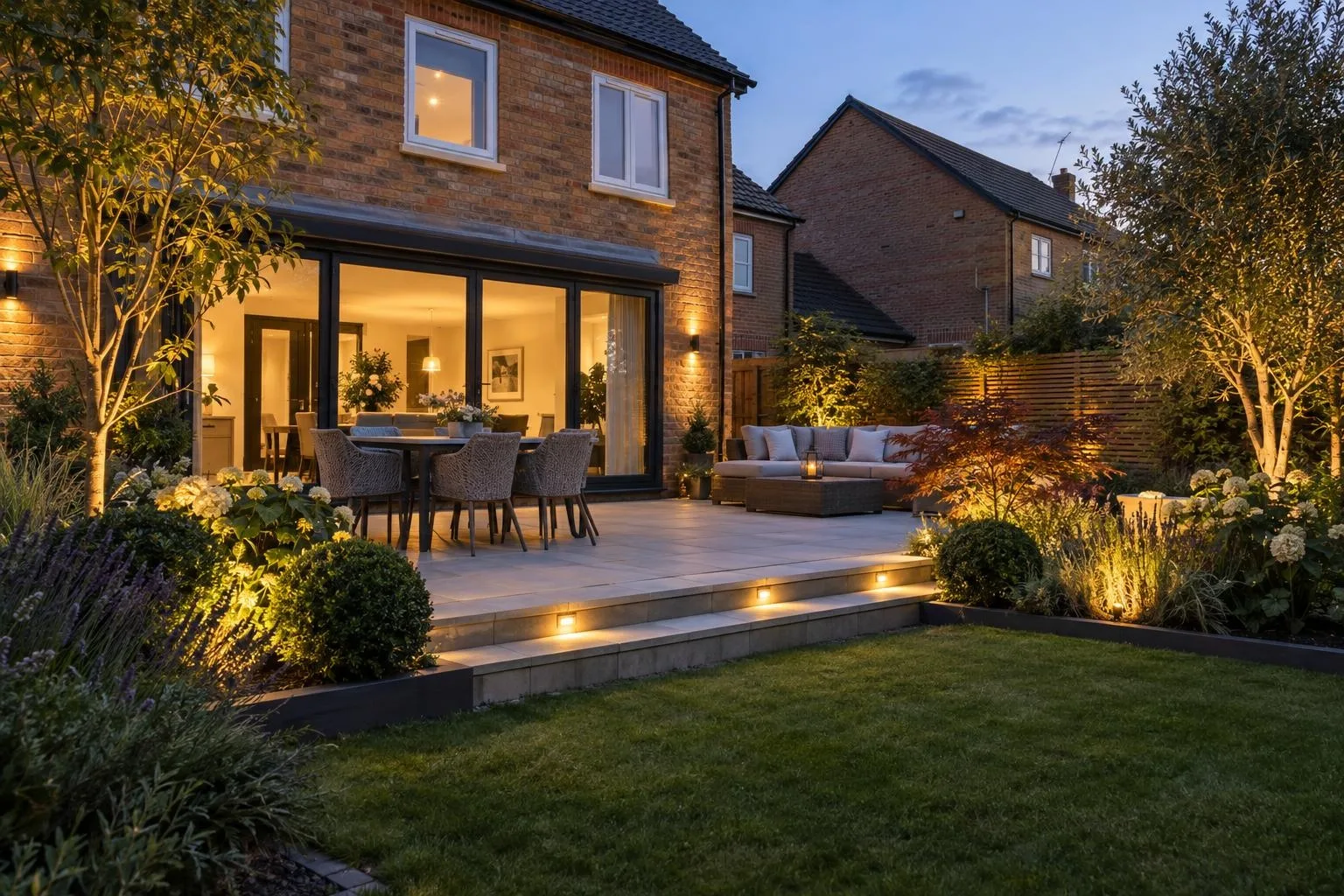 Garden lighting at dusk: wall lights, step lights and uplit planting around a porcelain patio, brick house
