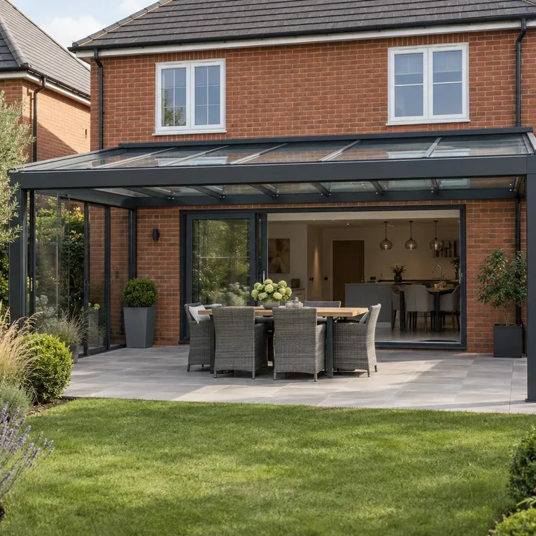 Anthracite aluminium glass veranda attached to the back of a red brick house over a porcelain patio with dining table