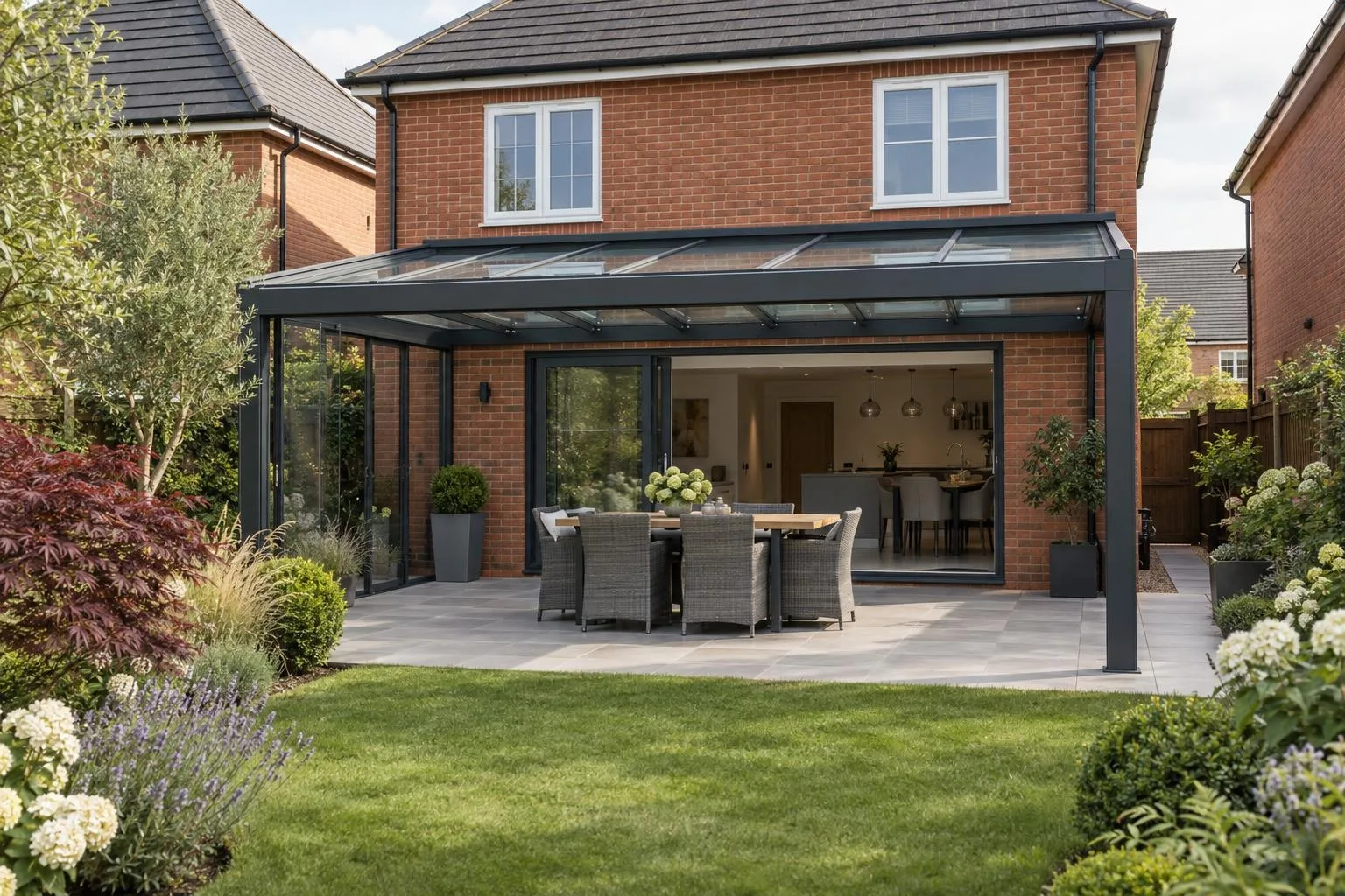 Anthracite aluminium glass veranda attached to the back of a red brick house over a porcelain patio with dining table