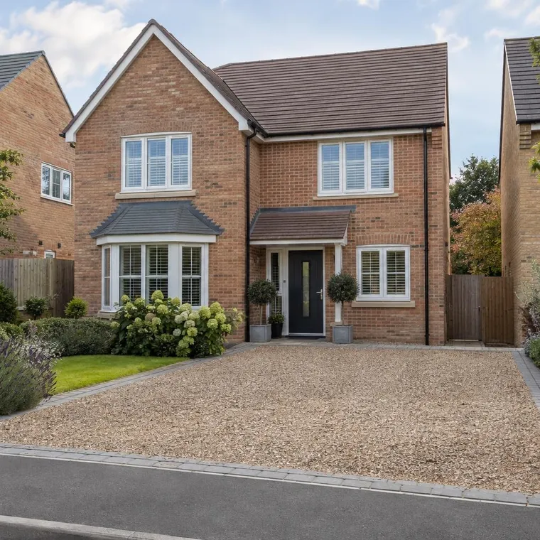 A stabilised gravel grid driveway with a block border on a new-build estate brick house, tidy