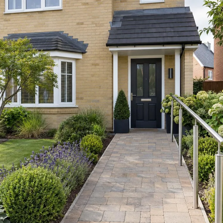 A widened step-free path in block paving with a handrail to the door of a buff brick house