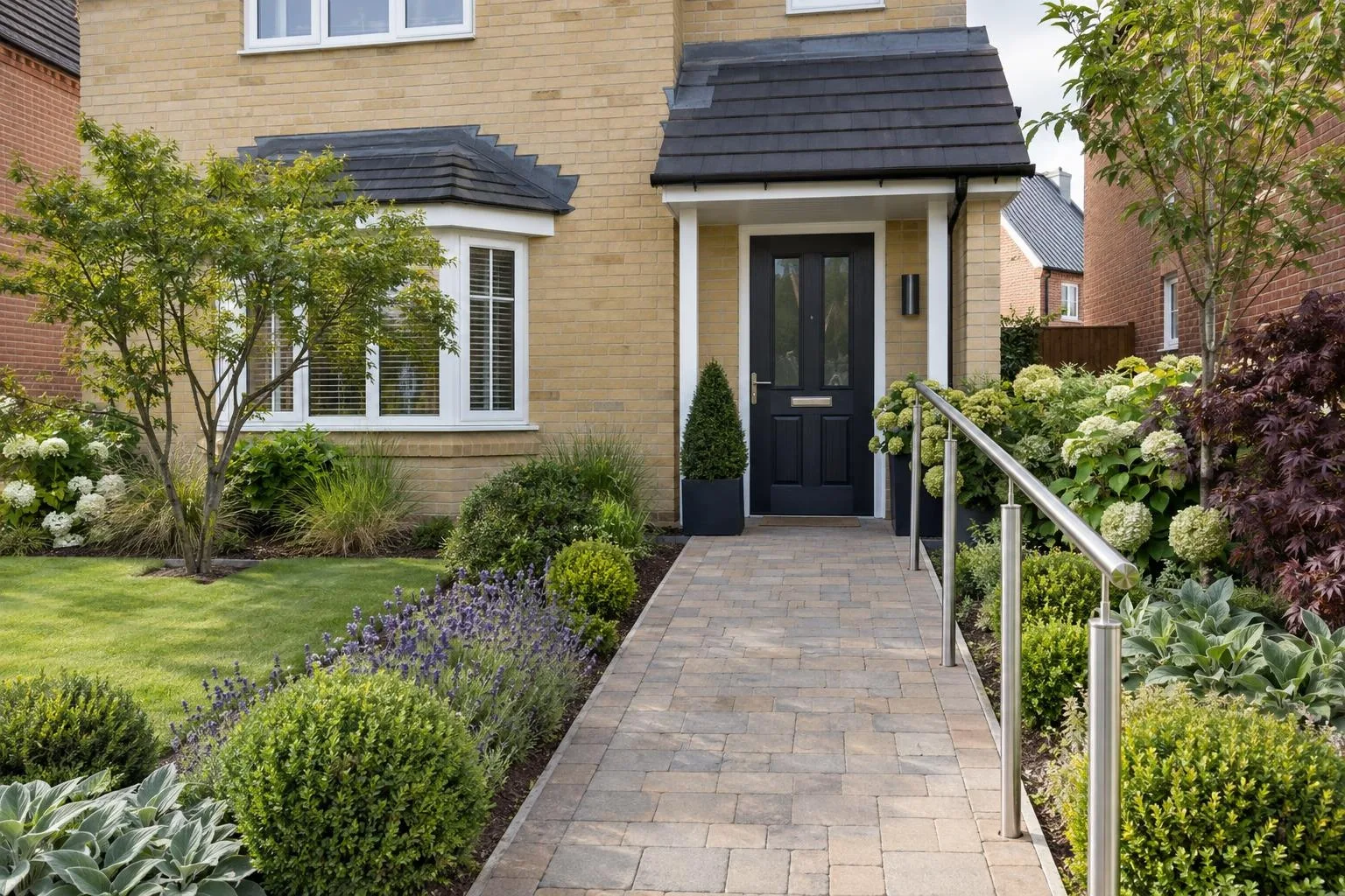 A widened step-free path in block paving with a handrail to the door of a buff brick house
