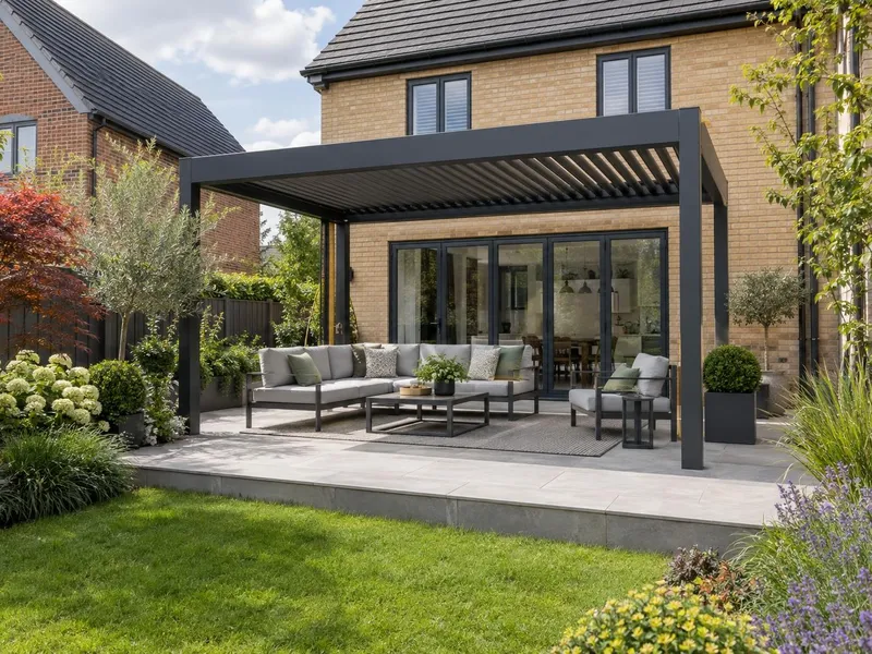 Louvred aluminium pergola over a patio Louvred aluminium pergola over a patio