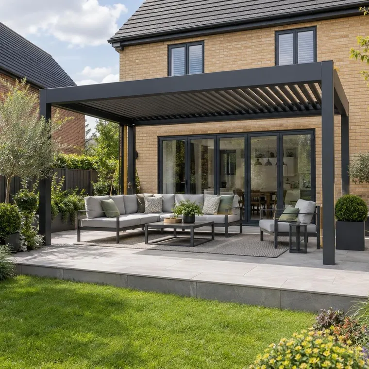A black aluminium louvred-roof pergola over an outdoor sofa set on a light grey porcelain patio behind a modern buff brick detached house