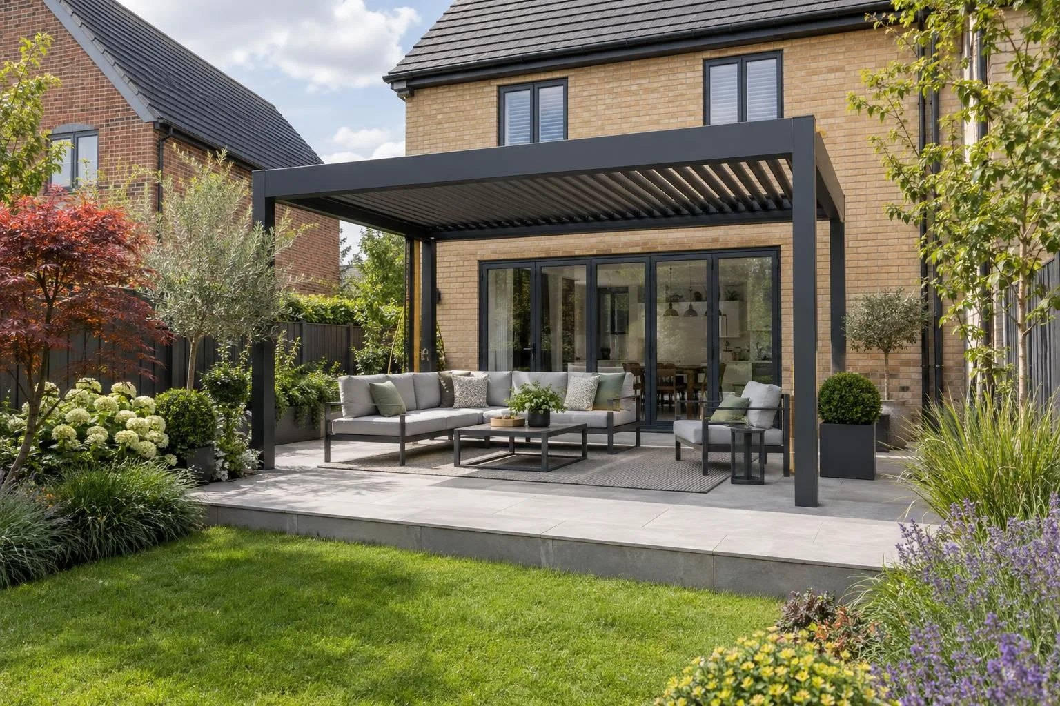A black aluminium louvred-roof pergola over an outdoor sofa set on a light grey porcelain patio behind a modern buff brick detached house A black aluminium louvred-roof pergola over an outdoor sofa set on a light grey porcelain patio behind a modern buff brick detached house
