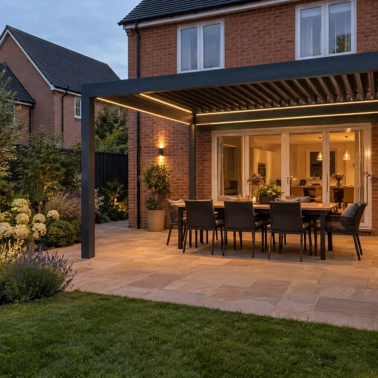 An anthracite louvred pergola with LED strips over a dining table on a sandstone patio, red brick semi-detached house, evening