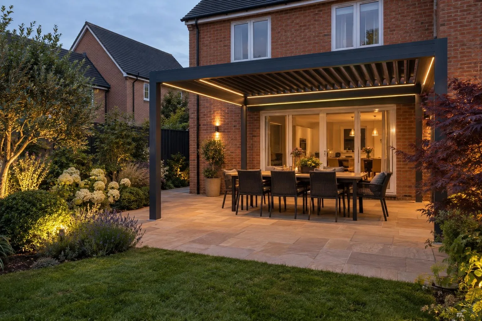 Black louvred pergola with LED lighting on a patio behind a post-war Bletchley semi Black louvred pergola with LED lighting on a patio behind a post-war Bletchley semi