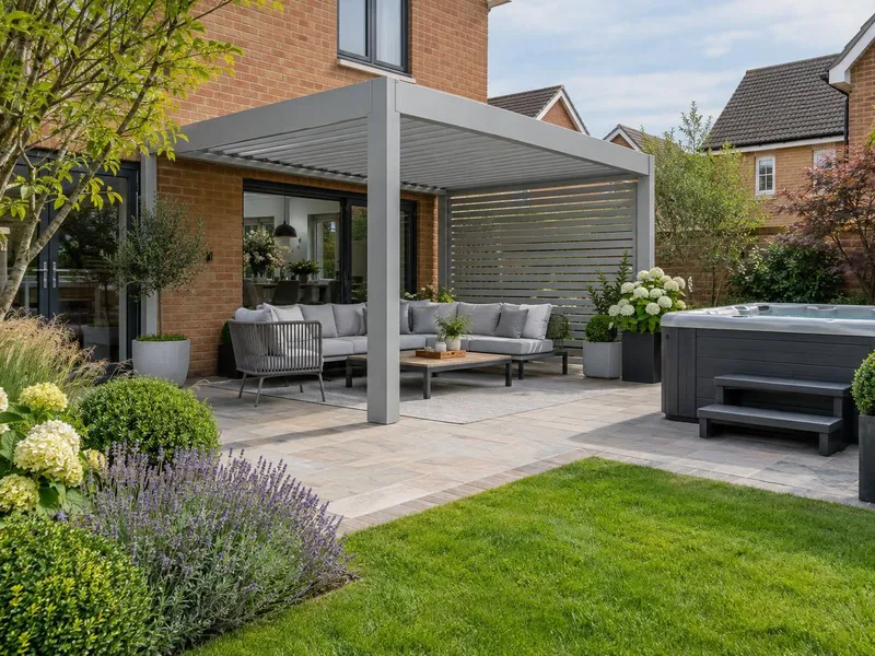 Louvred aluminium pergola over a patio Louvred aluminium pergola over a patio