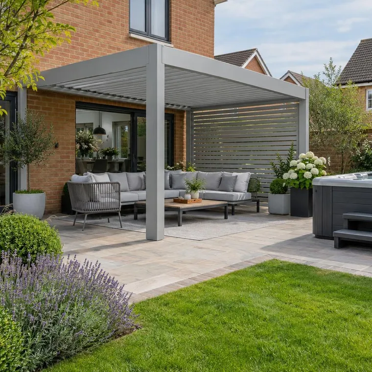 A light grey louvred pergola with one side closed by a privacy louvre panel, hot tub beside it, block paved patio, brick new-build house