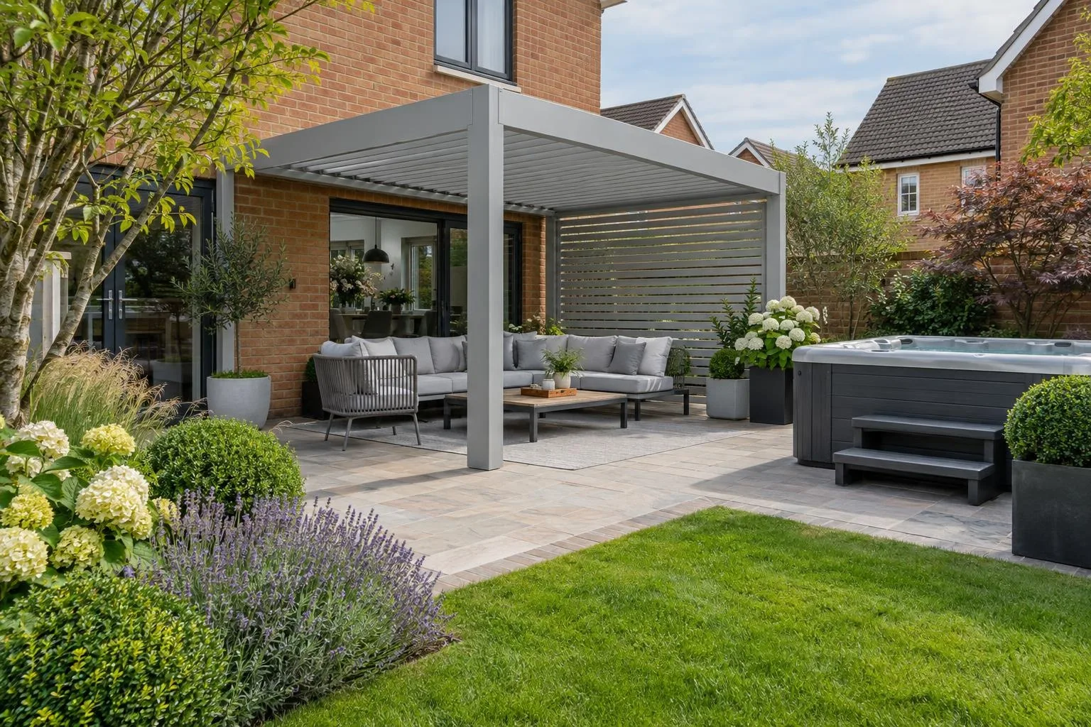 Black louvred pergola in a paved yard behind an ironstone house in Towcester Black louvred pergola in a paved yard behind an ironstone house in Towcester