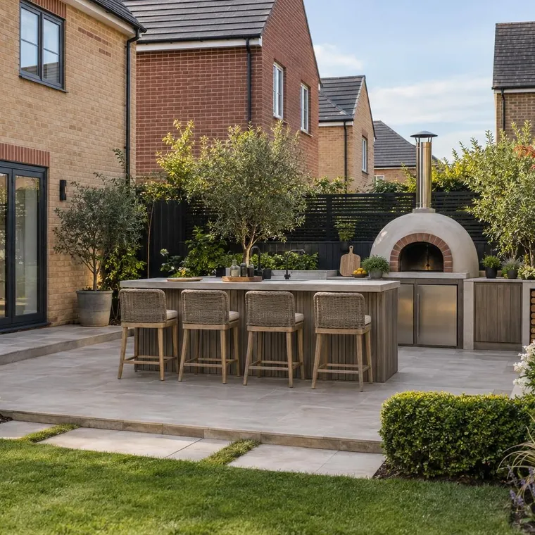Rendered outdoor kitchen island with bar stools, pizza oven and fridge in a garden of a buff brick house
