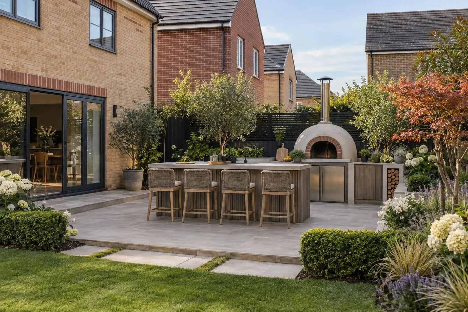 Built-in outdoor kitchen with stone-faced counters, grill and pizza oven in a Milton Keynes garden