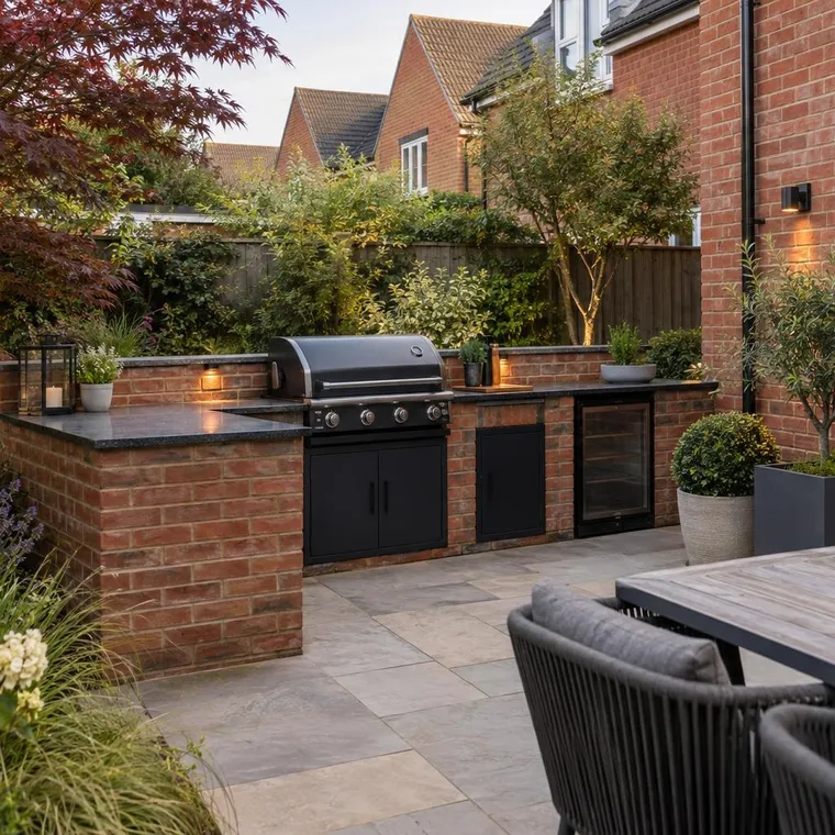 Brick-built outdoor kitchen counter with a dark worktop and barbecue in the corner of a patio, red brick house