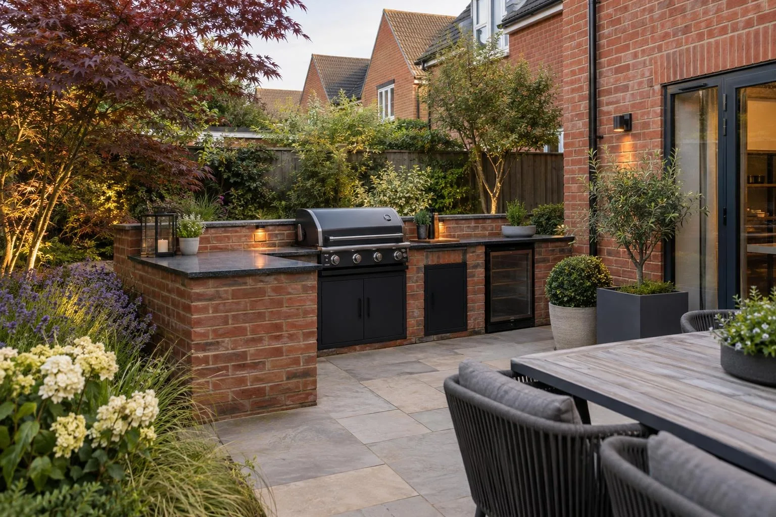 Rendered outdoor kitchen run along the boundary of a Wolverton Victorian terrace garden Rendered outdoor kitchen run along the boundary of a Wolverton Victorian terrace garden