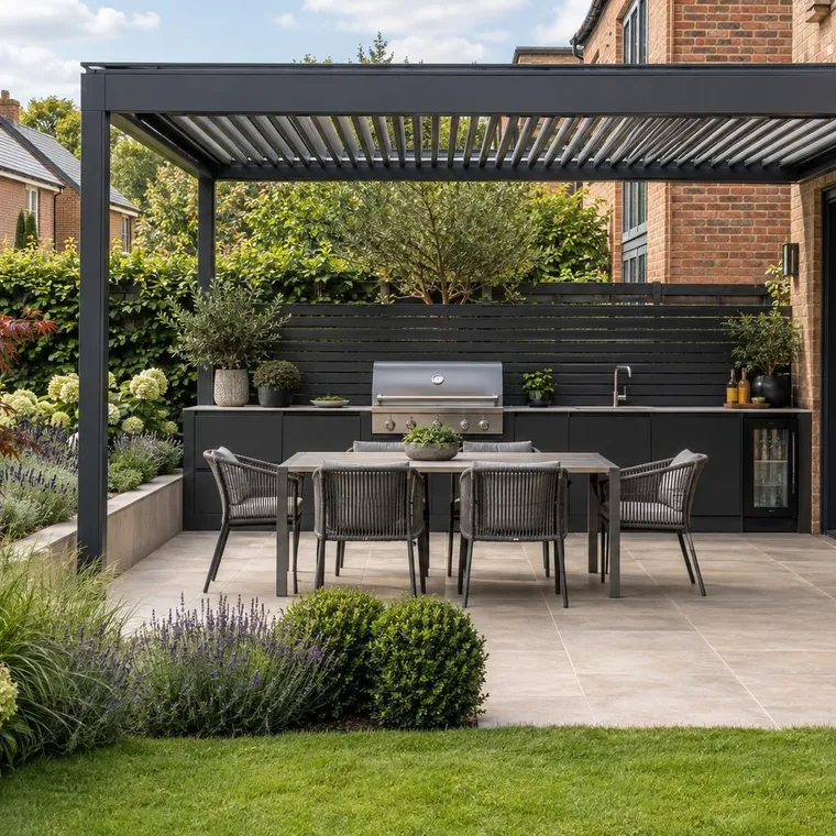Modern outdoor kitchen with charcoal cabinets, built-in barbecue and sink on a porcelain patio under a pergola, brick house