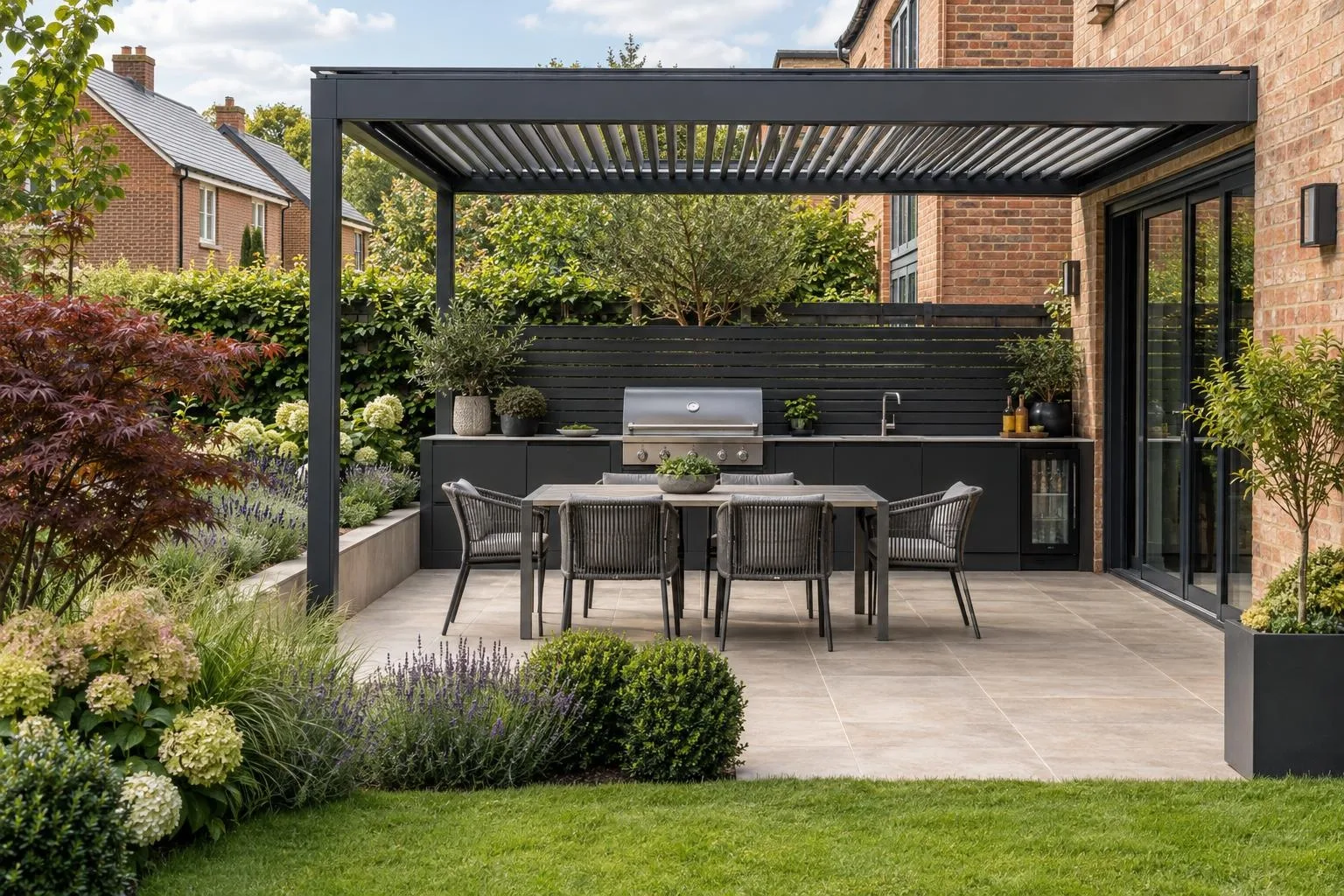 Modern outdoor kitchen with charcoal cabinets, built-in barbecue and sink on a porcelain patio under a pergola, brick house Modern outdoor kitchen with charcoal cabinets, built-in barbecue and sink on a porcelain patio under a pergola, brick house