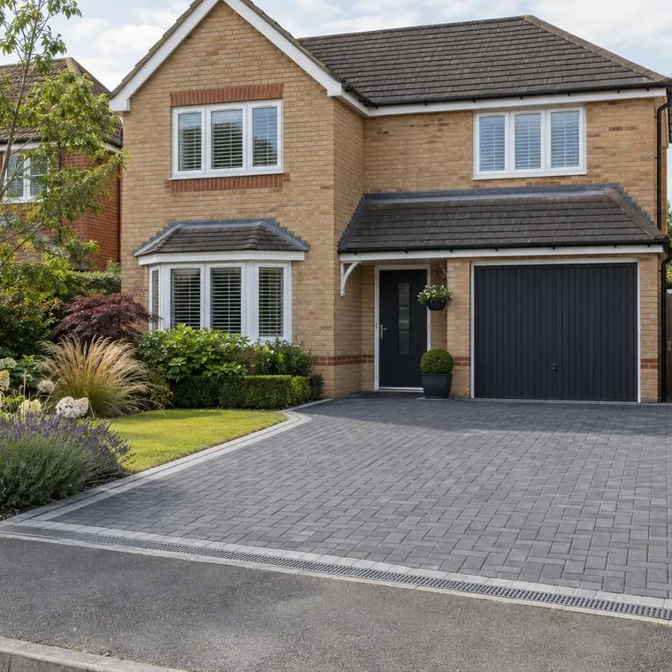 A charcoal permeable block paving driveway with silver border in front of a buff brick detached house with garage