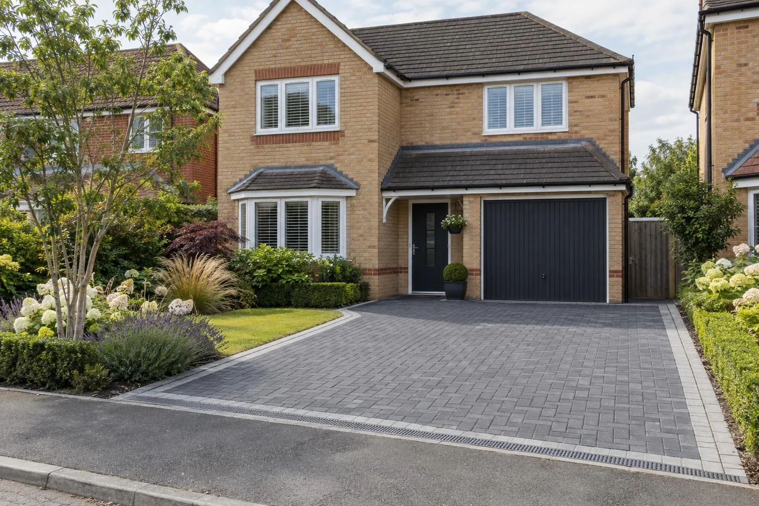 A charcoal permeable block paving driveway with silver border in front of a buff brick detached house with garage A charcoal permeable block paving driveway with silver border in front of a buff brick detached house with garage