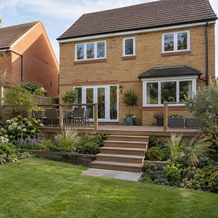 A raised timber deck with steps on a sloping garden behind a buff brick detached house, planting below