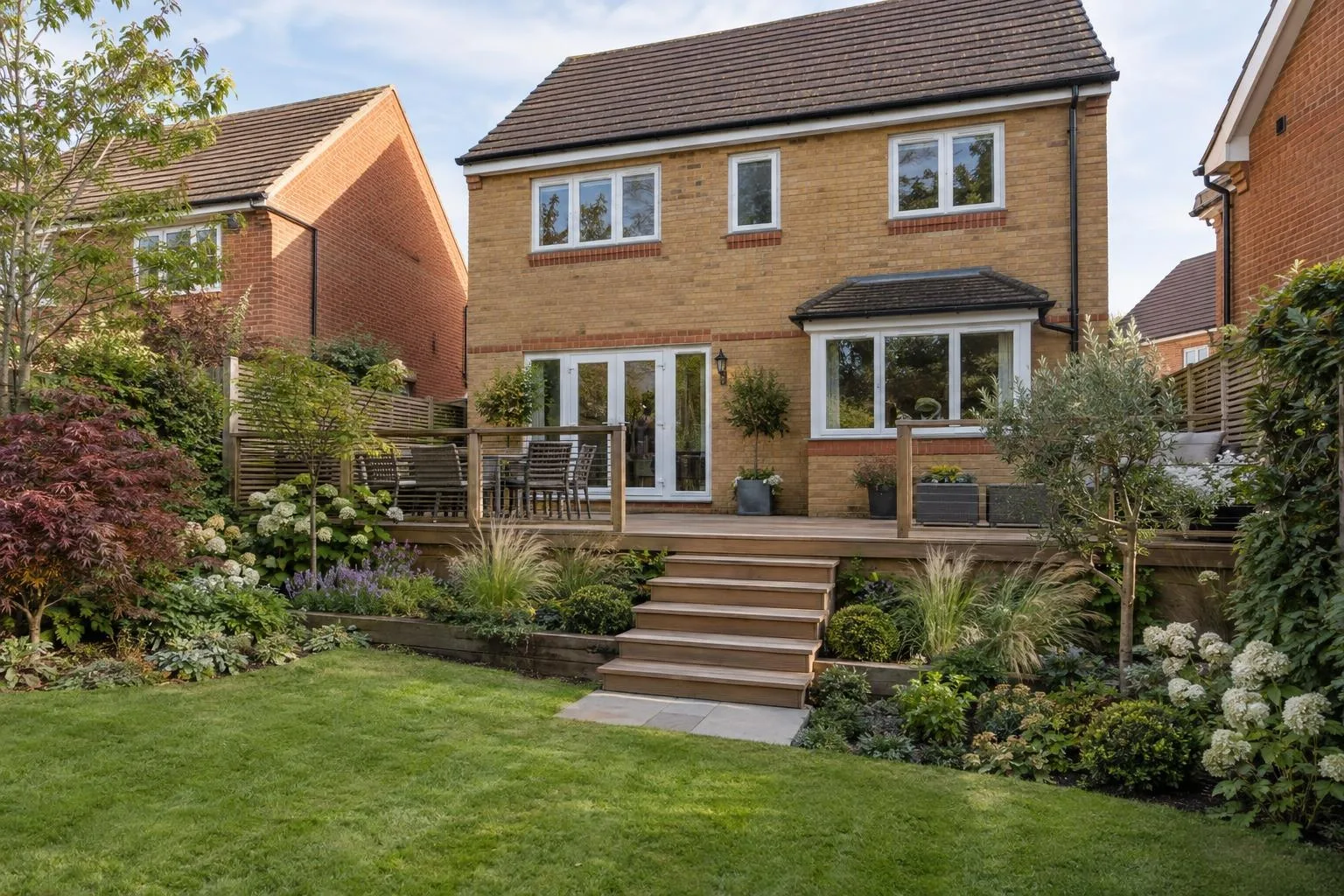 Softwood deck behind a red brick Victorian house in a Winslow rear garden Softwood deck behind a red brick Victorian house in a Winslow rear garden