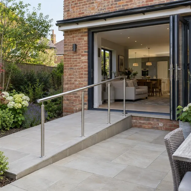 A shallow ramp with handrail from bifold doors down to a patio behind a brick house, non-slip porcelain