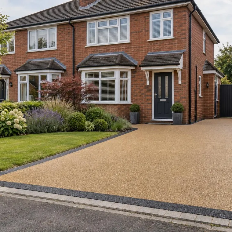 A golden resin bound driveway with a black edge in front of a red brick semi-detached house, small front lawn